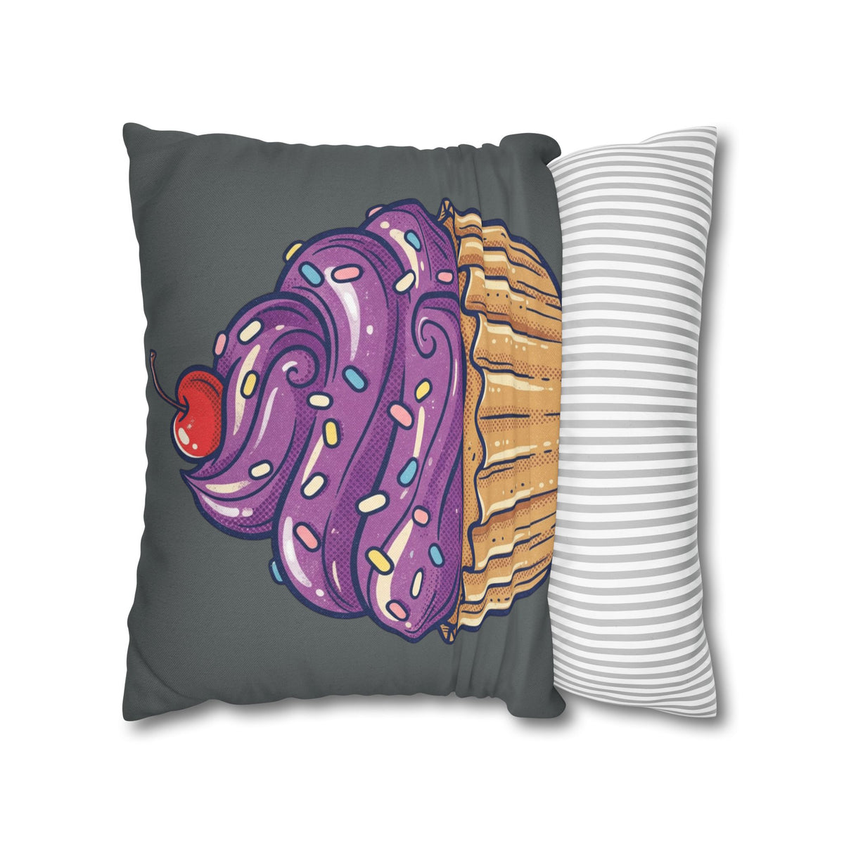 Cupcake Pillowcase — Whimsical Purple Frosting Decorative Throw Pillow- Dark Grey