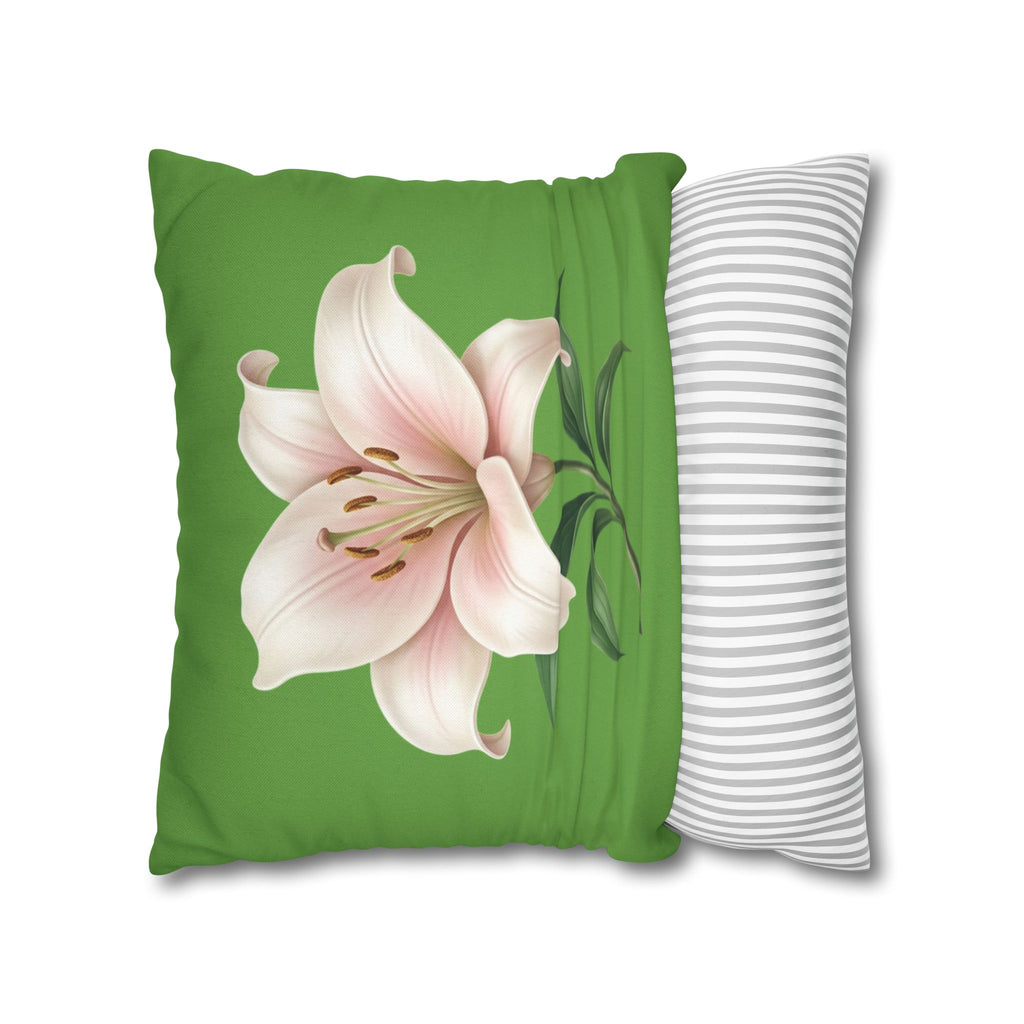 Pink Lily Floral Pillowcase — Green Square Decorative Pillow Cover