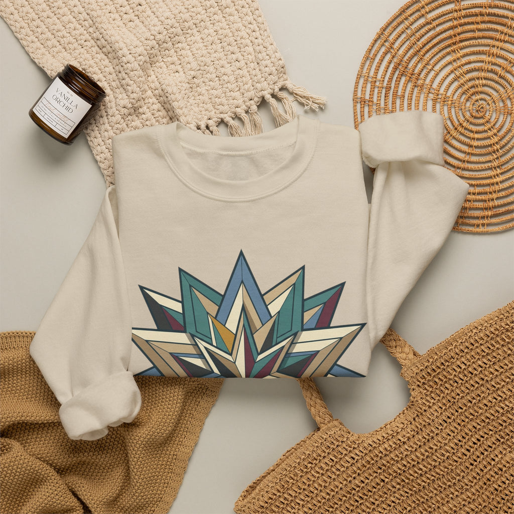 Crewneck Sweatshirt — Geometric Starburst Mandala Design