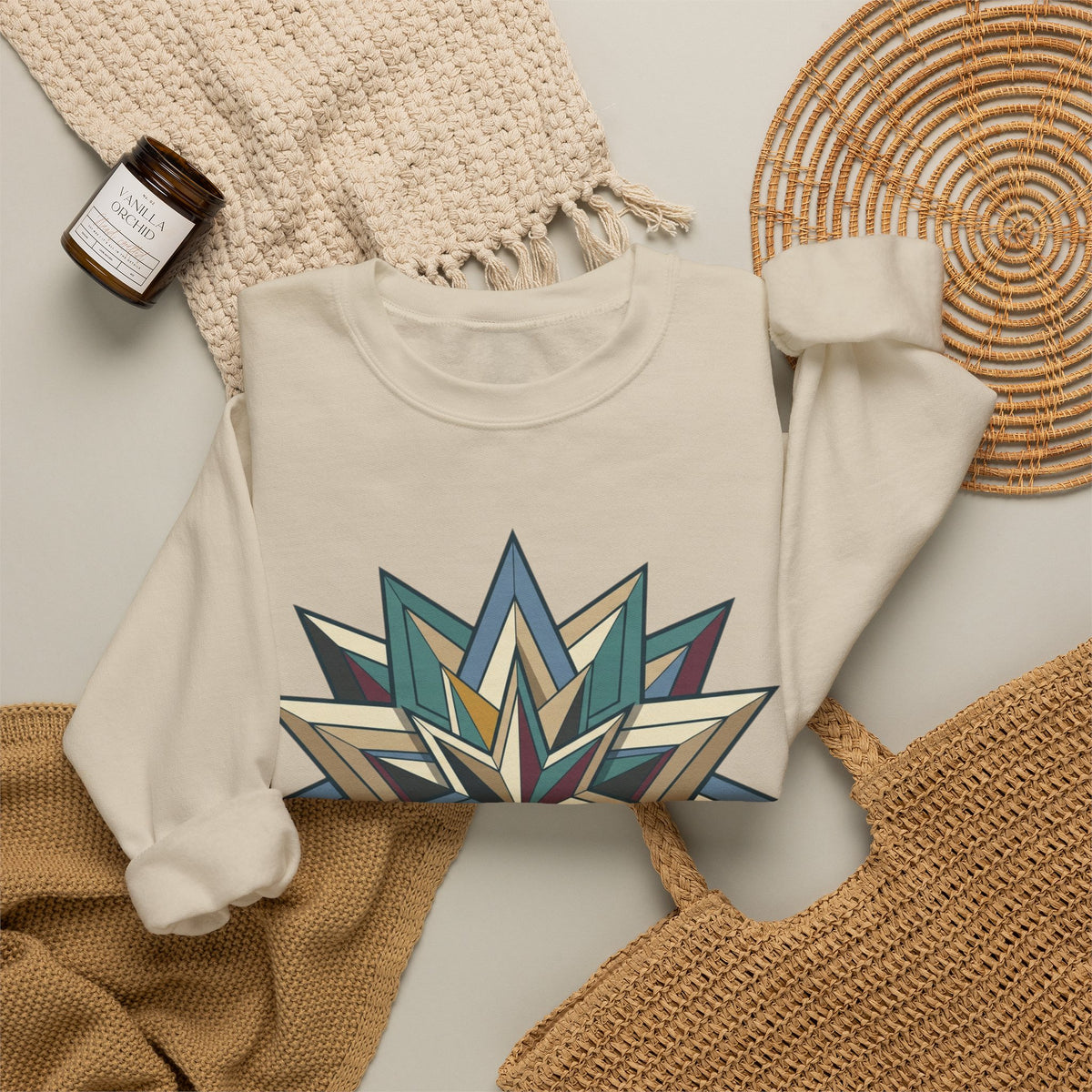 Crewneck Sweatshirt — Geometric Starburst Mandala Design
