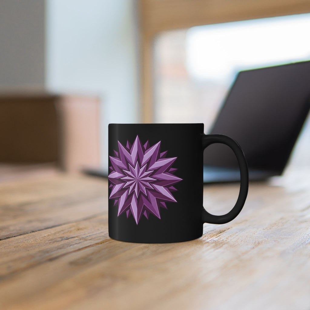 Purple Geometric Starburst Black Mug — 11oz & 15oz Ceramic Coffee Cup