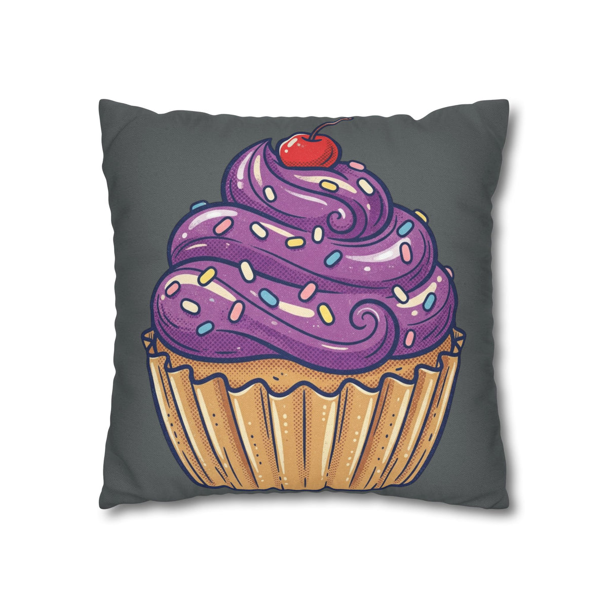 Cupcake Pillowcase — Whimsical Purple Frosting Decorative Throw Pillow- Dark Grey