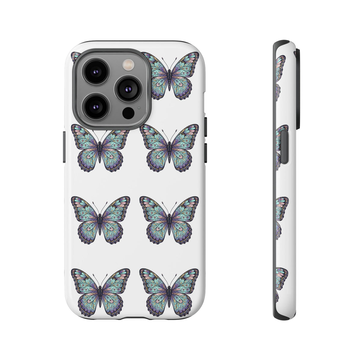 Butterfly Pattern Tough Phone Case — Vintage Teal Floral Protective Cover