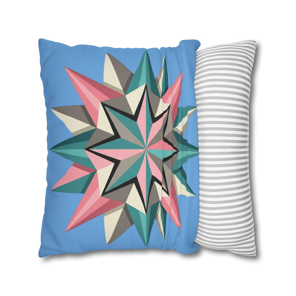 Geometric Starburst Throw Pillowcase – Pastel Compass Design on Sky Blue