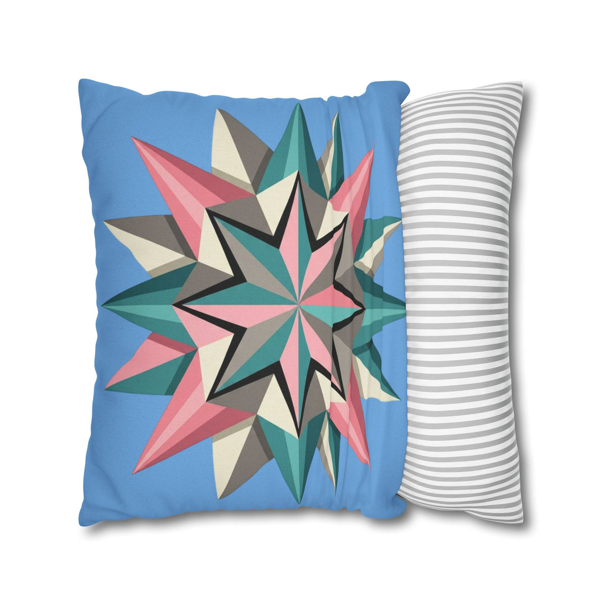 Geometric Starburst Throw Pillowcase – Pastel Compass Design on Sky Blue