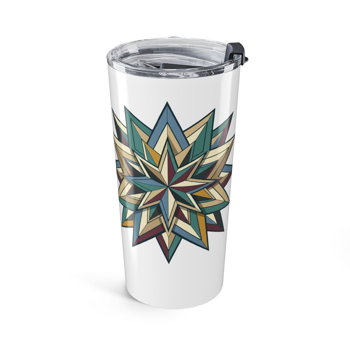 20oz Starburst Geometric Tumbler — Insulated Travel Cup with Teal & Gold Tribal Mandala- White