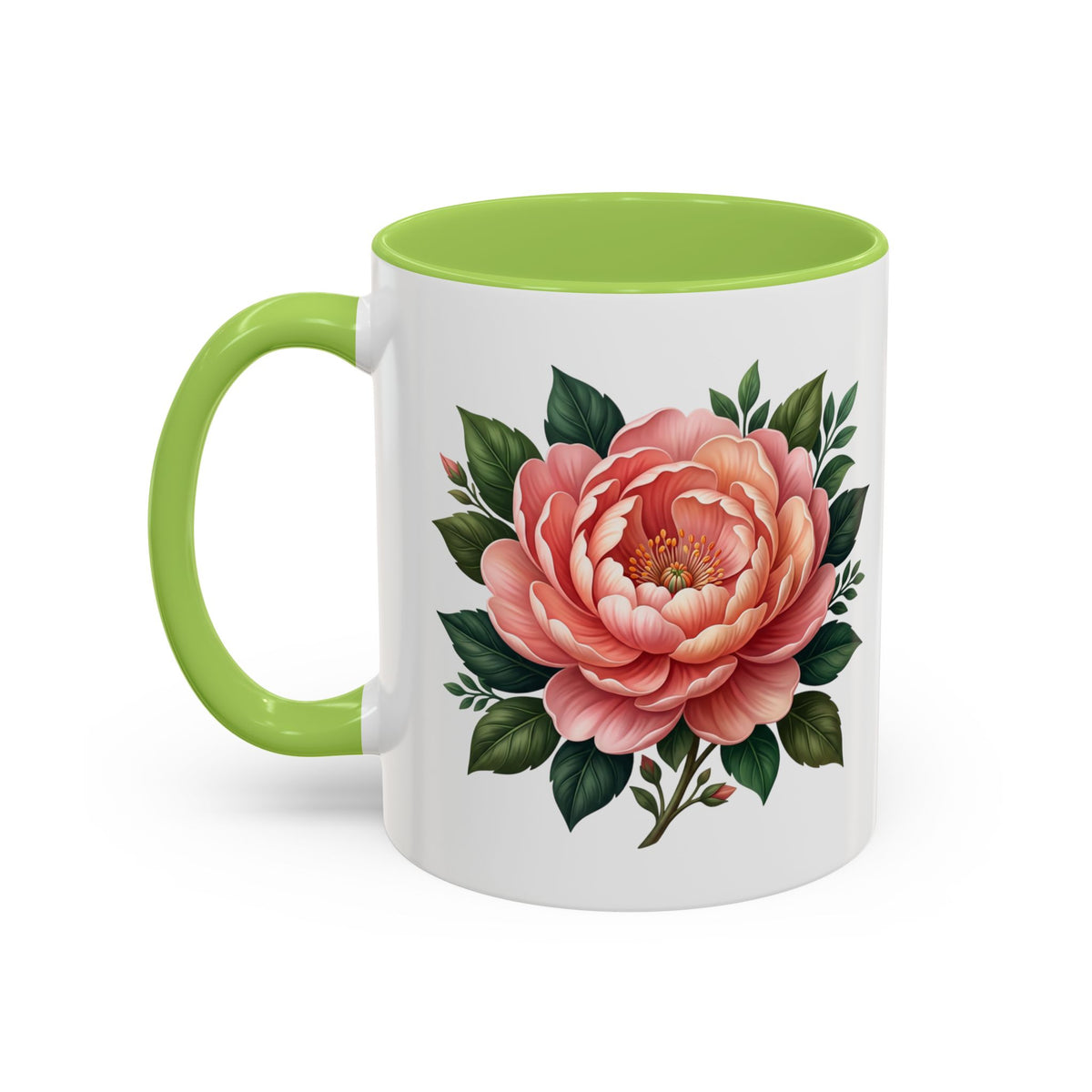 Floral Peony Accent Coffee Mug — Pink Rose Bloom Ceramic Cup