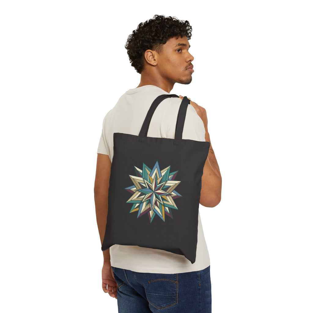 Geometric Starburst Canvas Tote Bag – Boho Green & Gold Quilted Design