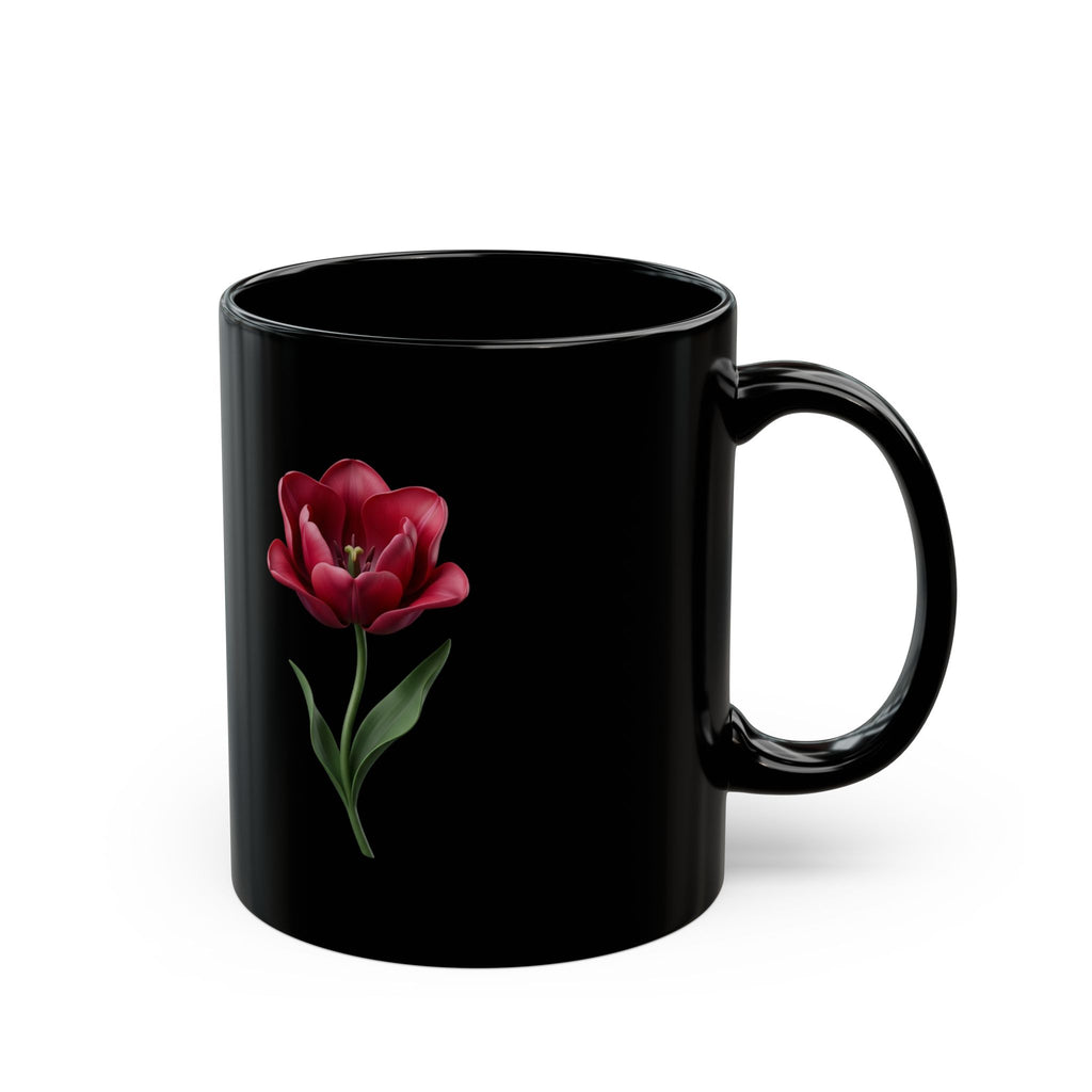 Black Floral Mug — Red Tulip Ceramic Coffee Cup (11oz & 15oz)