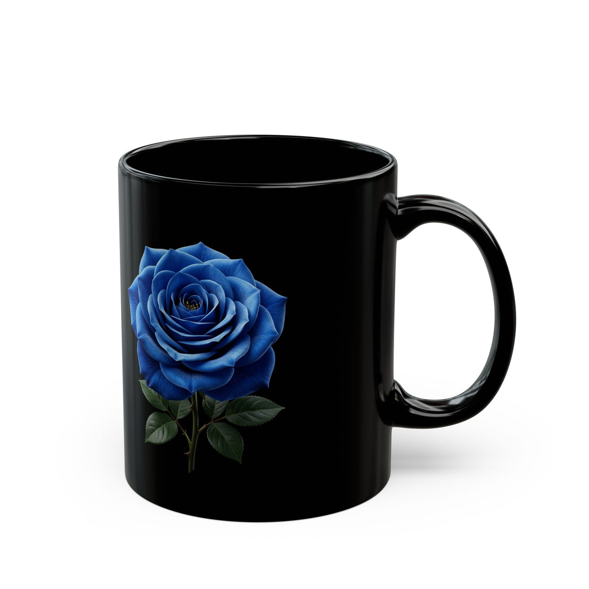 Blue Rose Black Mug — Elegant Floral Coffee Cup (11oz/15oz)