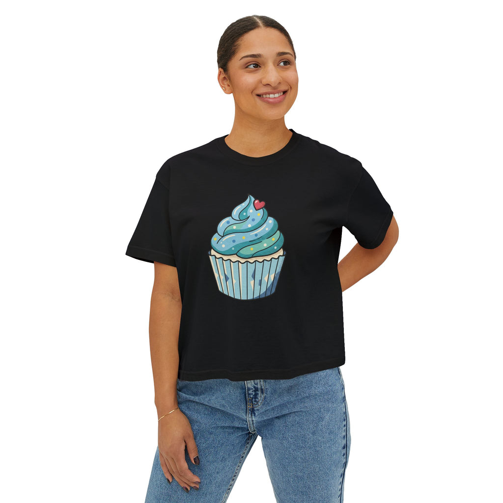 Cupcake Graphic Boxy Tee — Cute Blue Cupcake Women's Cropped T-Shirt