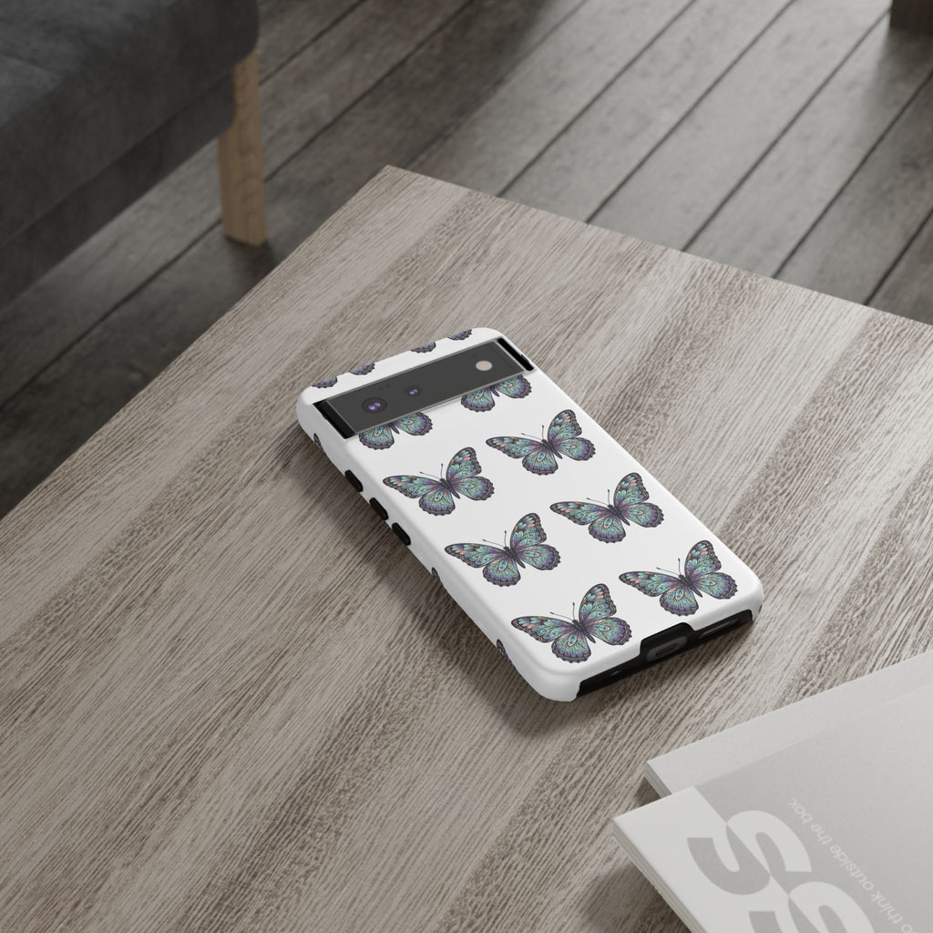Butterfly Pattern Tough Phone Case — Vintage Teal Floral Protective Cover