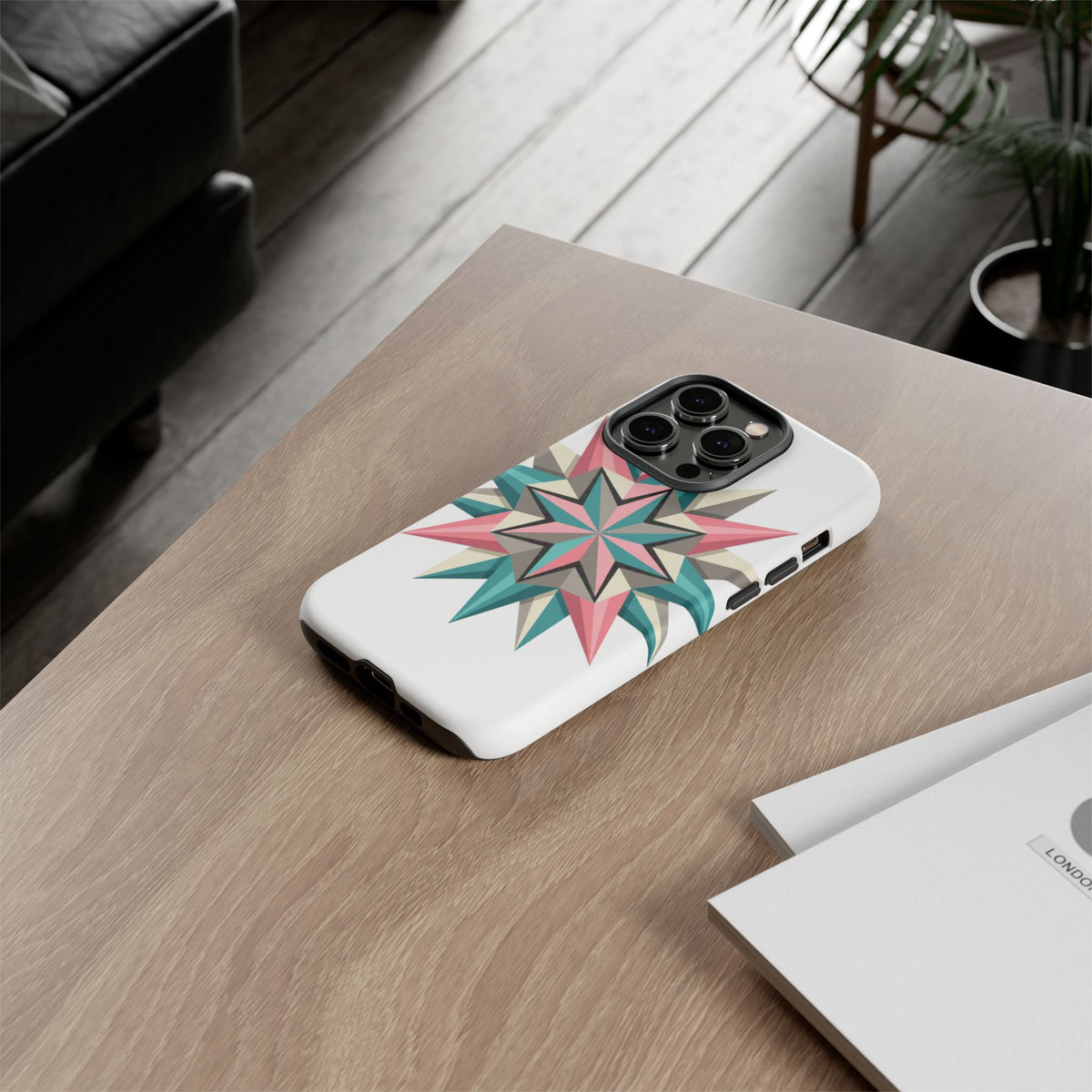 Geometric Star Tough Phone Case – Pink Teal Compass Design