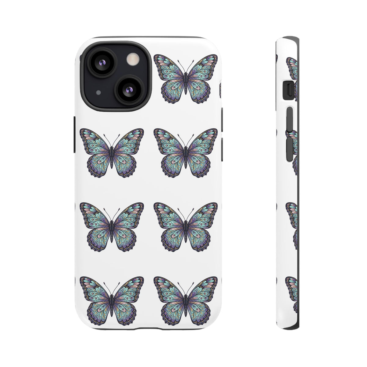 Butterfly Pattern Tough Phone Case — Vintage Teal Floral Protective Cover