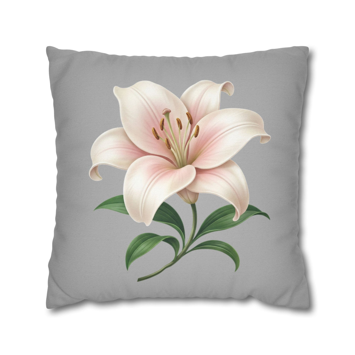 Floral Lily Throw Pillowcase — Pink Lily on Gray Decorative Cushion Cover