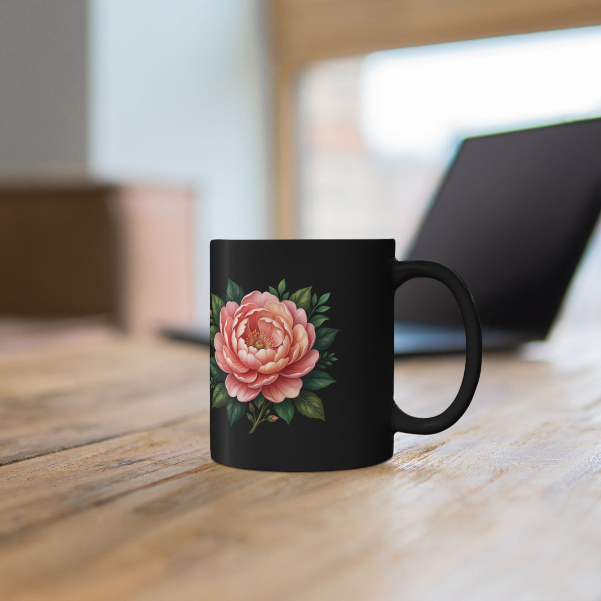 Floral Peony Black Mug — Pink Rose Coffee Cup (11oz, 15oz)