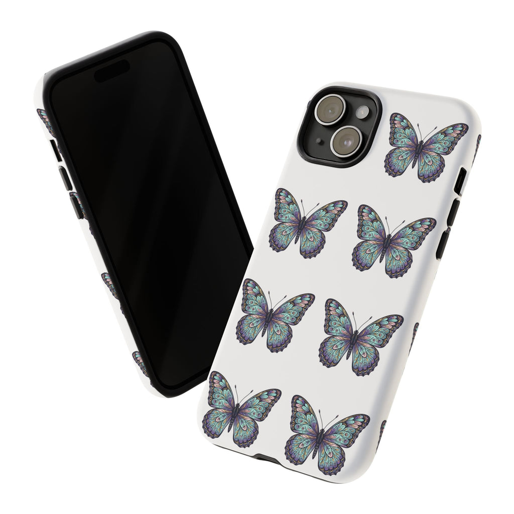 Butterfly Pattern Tough Phone Case — Vintage Teal Floral Protective Cover