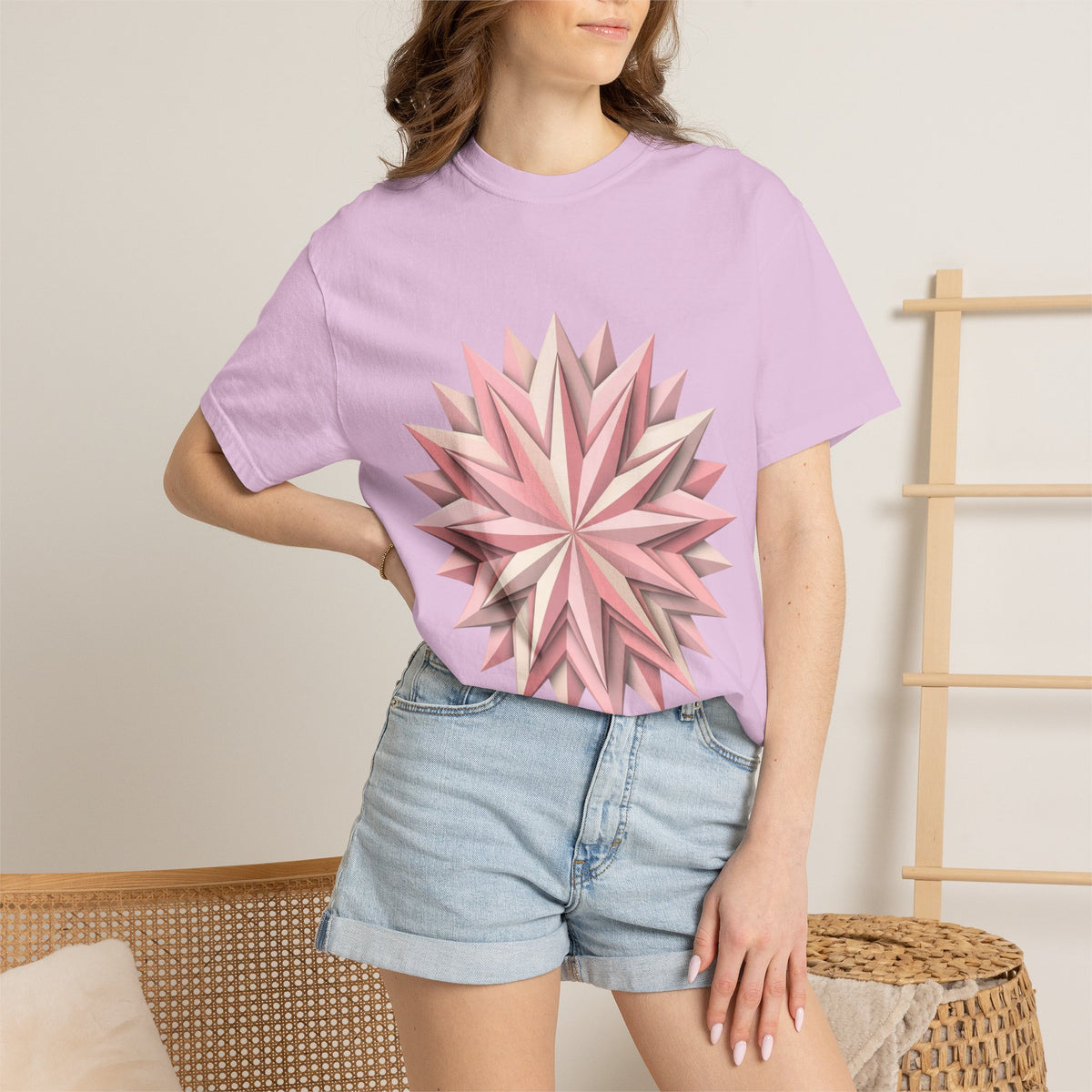 Geometric Rose Star T-Shirt — Pink 3D Origami Floral Tee