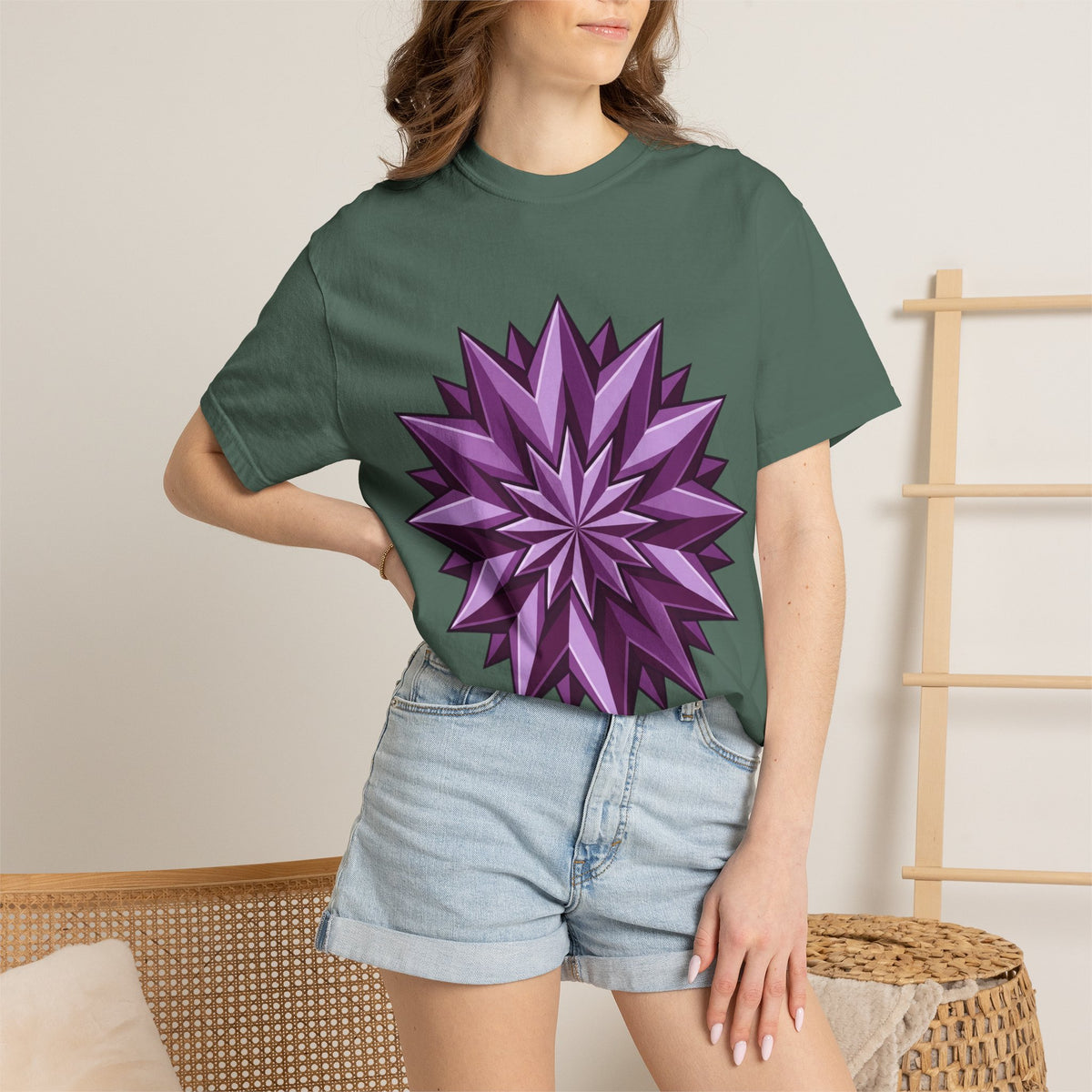 Purple Geometric Starburst T-Shirt — Bold 3D Floral Graphic Tee