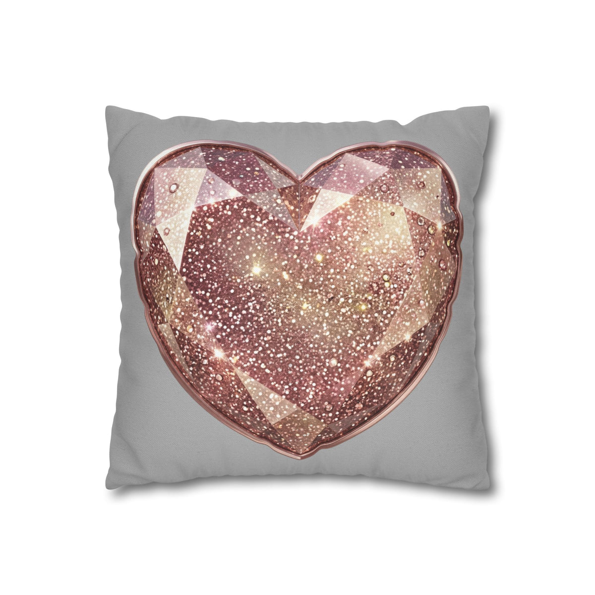 Rose Gold Gem Heart Pillowcase — Sparkling Decorative Throw Pillow Cover- Light Grey