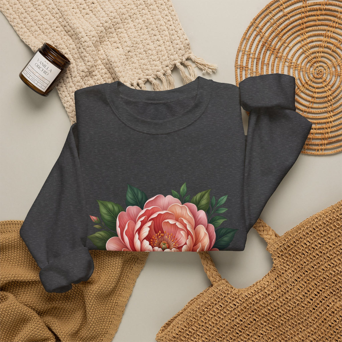 Floral Peony Crewneck Sweatshirt — Vintage Pink Flower Pullover