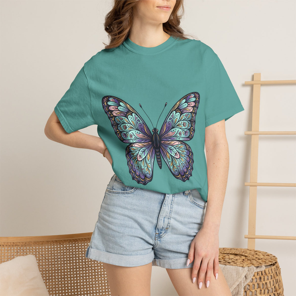 Butterfly Art T‑Shirt — Blue Purple Ornamental Butterfly Graphic Tee