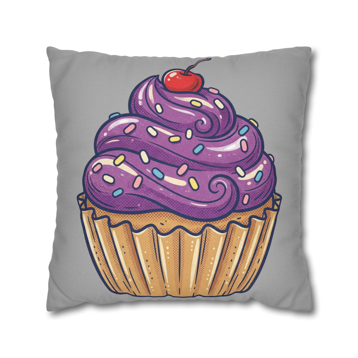 Cupcake Cushion Cover — Purple Frosting Dessert Pillowcase- Light Grey