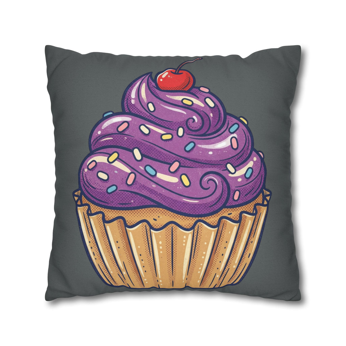 Cupcake Pillowcase — Whimsical Purple Frosting Decorative Throw Pillow- Dark Grey