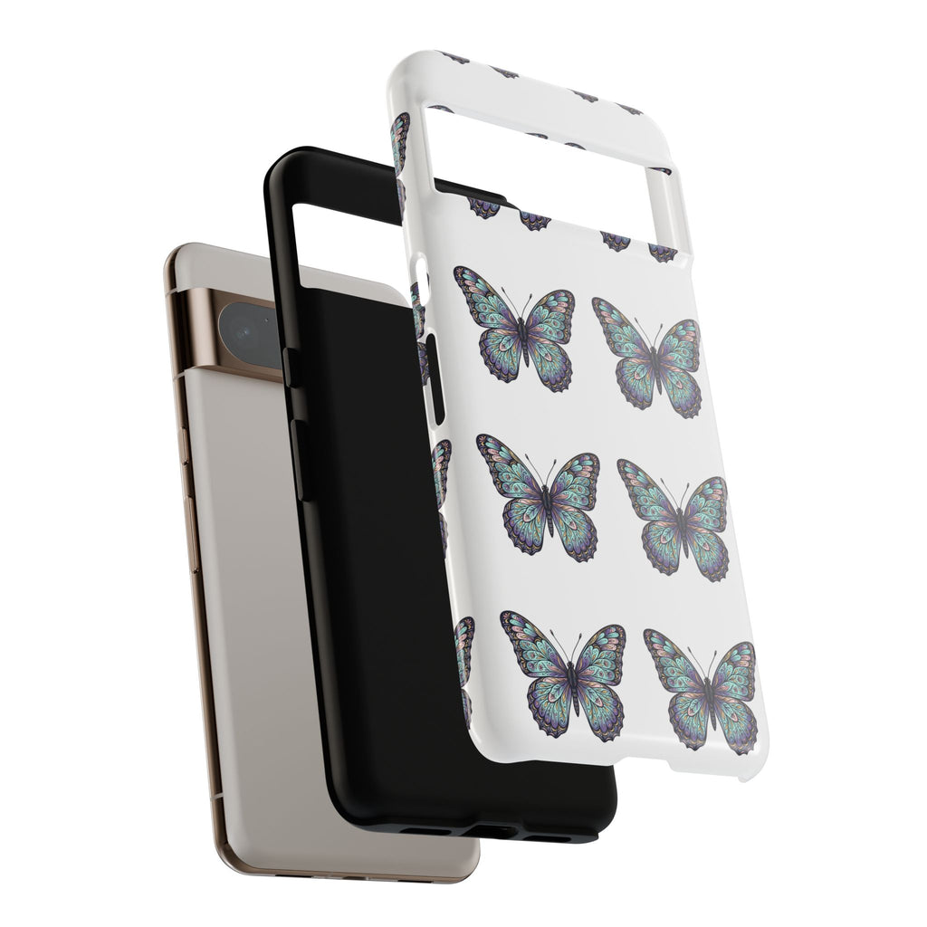 Butterfly Pattern Tough Phone Case — Vintage Teal Floral Protective Cover