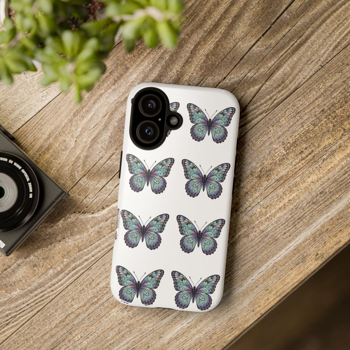 Butterfly Pattern Tough Phone Case — Vintage Teal Floral Protective Cover