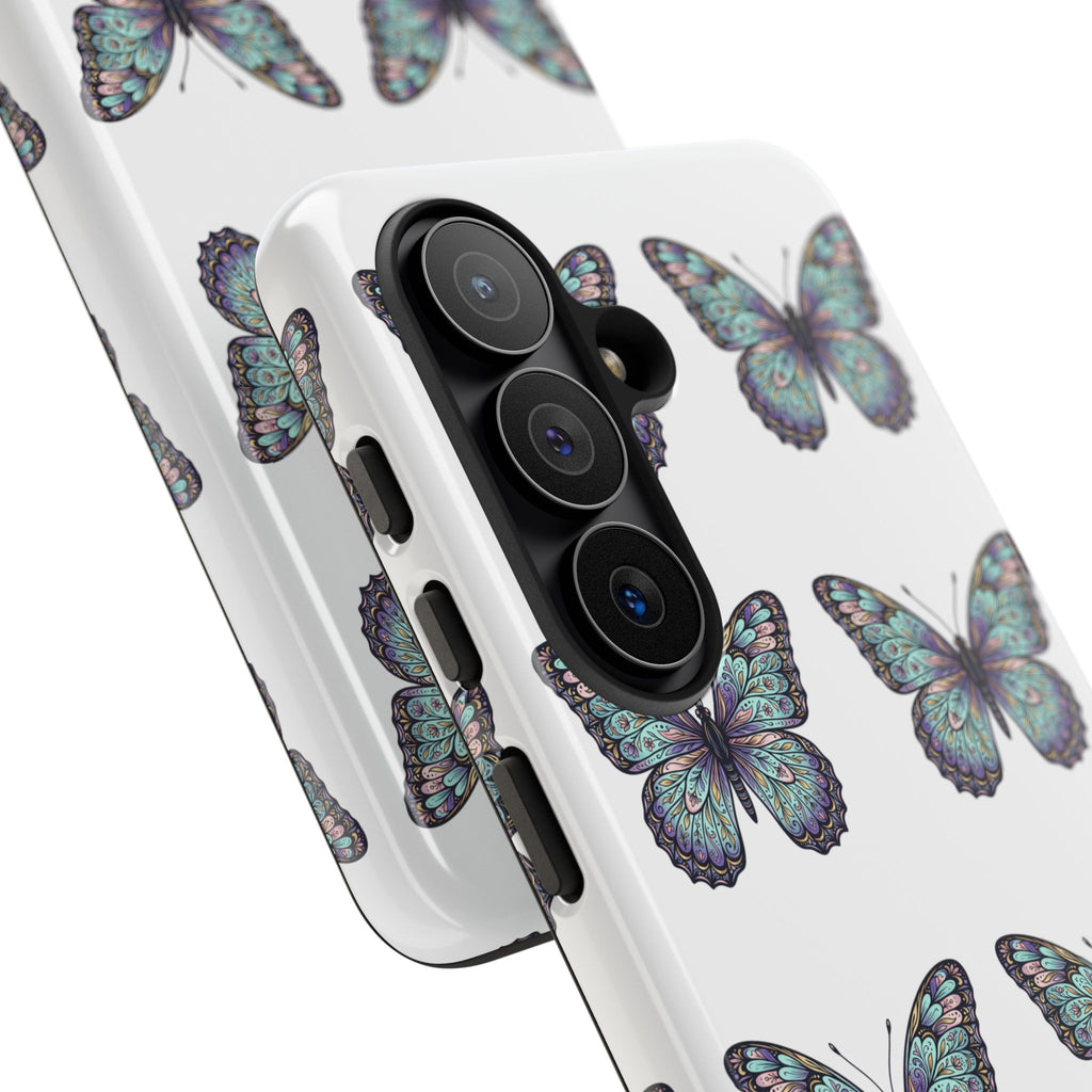 Butterfly Pattern Tough Phone Case — Vintage Teal Floral Protective Cover