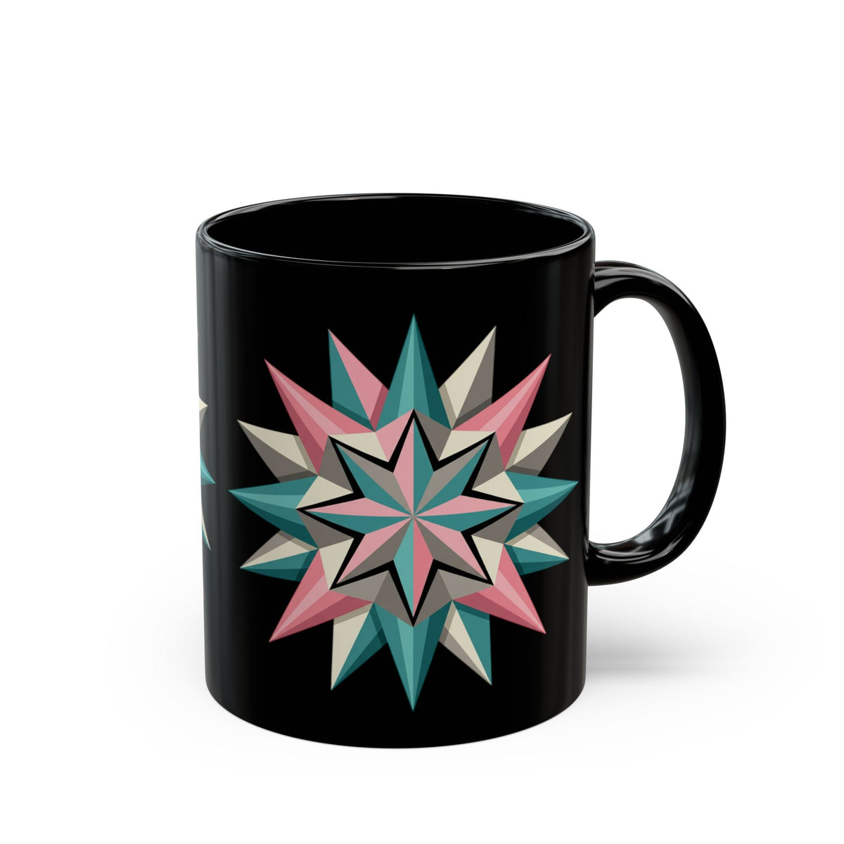 Geometric Starburst Black Coffee Mug — Retro Teal & Pink 11oz/15oz