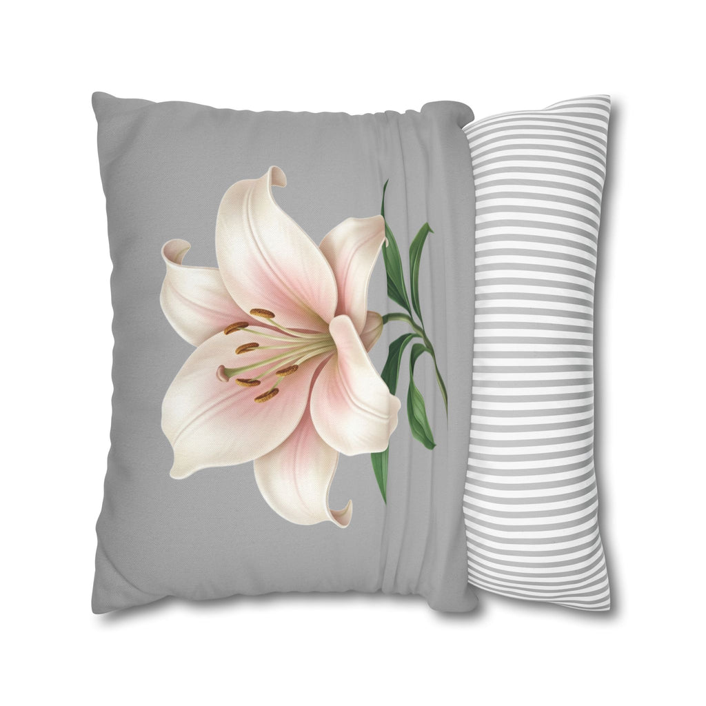 Floral Lily Throw Pillowcase — Pink Lily on Gray Decorative Cushion Cover