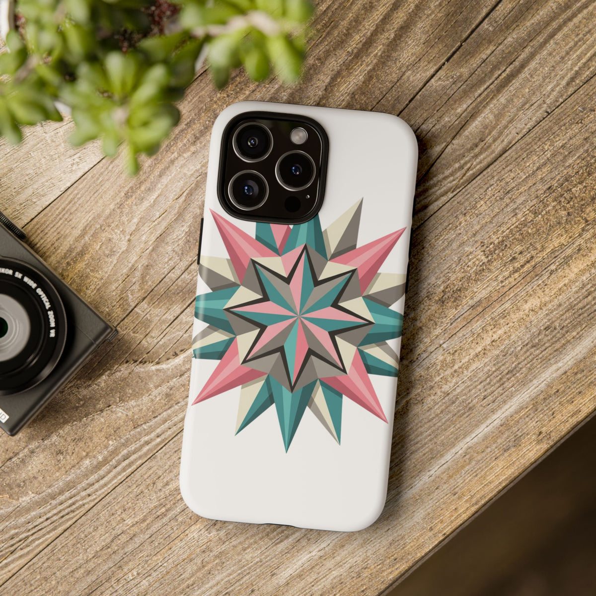 Geometric Star Tough Phone Case – Pink Teal Compass Design
