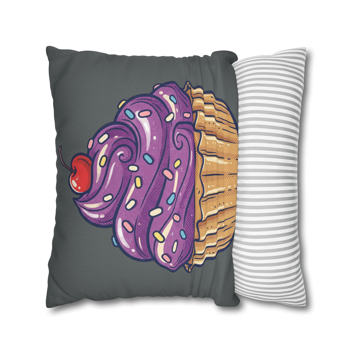 Cupcake Pillowcase — Whimsical Purple Frosting Decorative Throw Pillow- Dark Grey