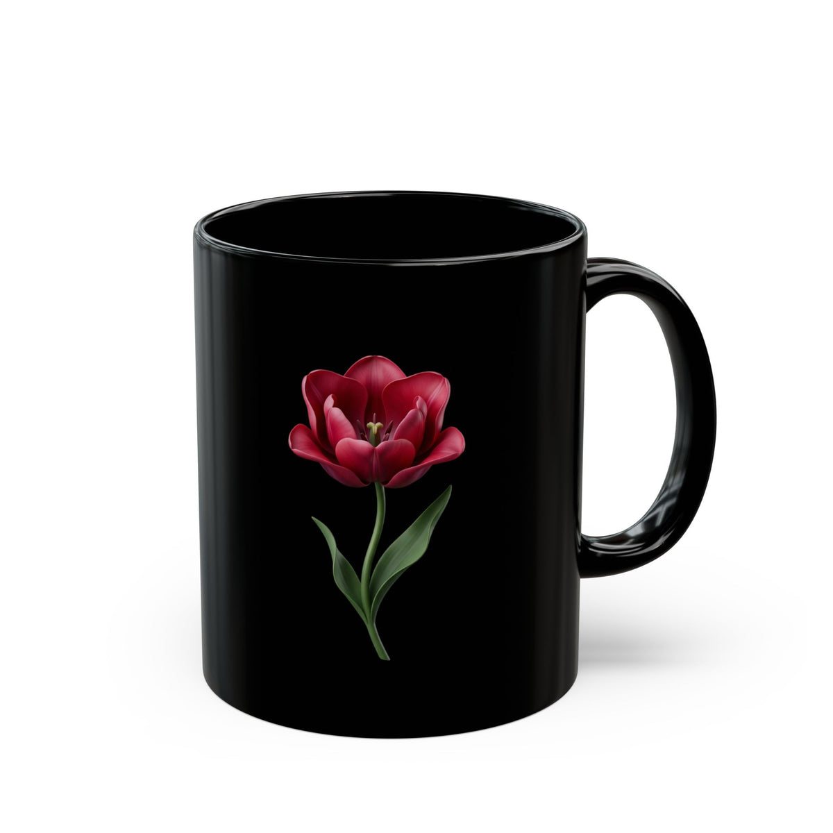 Black Floral Mug — Red Tulip Ceramic Coffee Cup (11oz & 15oz)