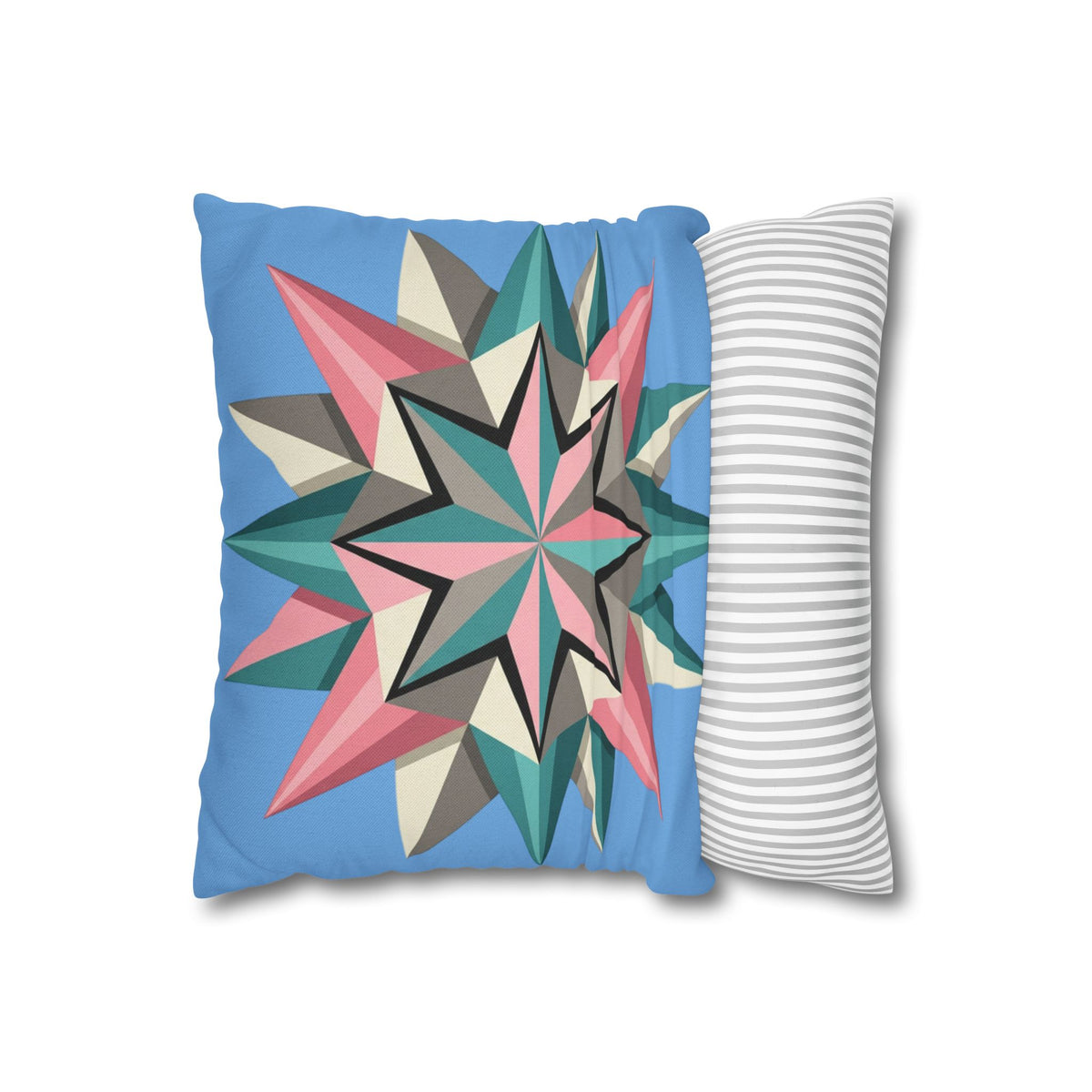 Geometric Starburst Throw Pillowcase – Pastel Compass Design on Sky Blue
