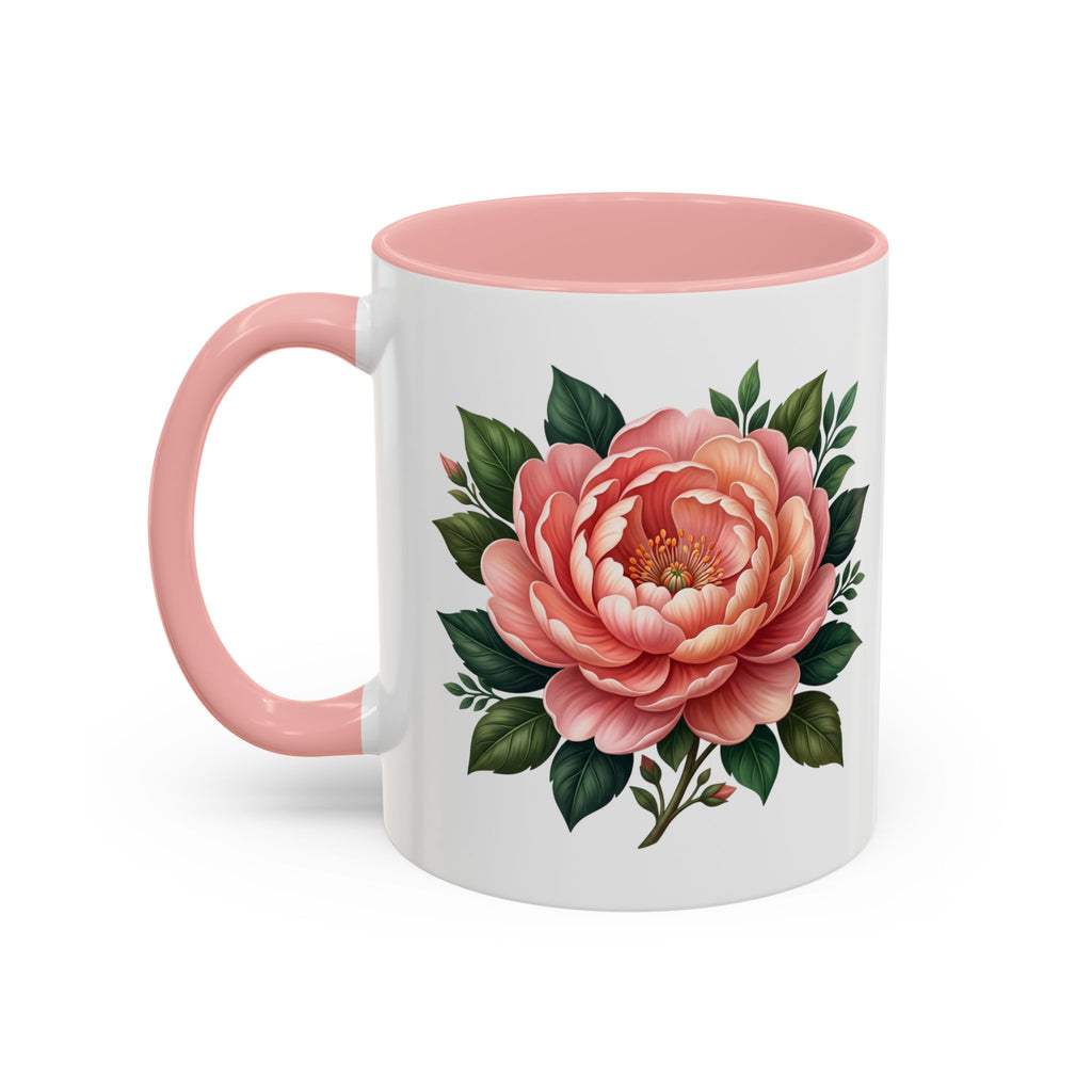 Floral Peony Accent Coffee Mug — Pink Rose Bloom Ceramic Cup