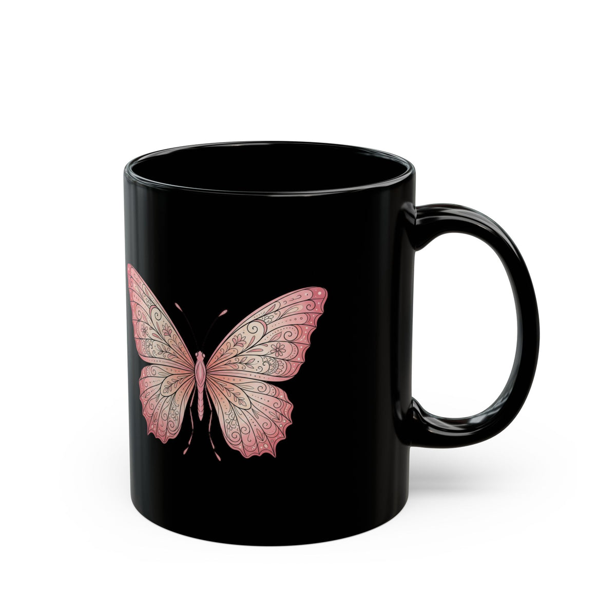 Pink Butterfly Black Mug — Elegant Floral Butterfly Ceramic Coffee Cup (11oz/15oz)
