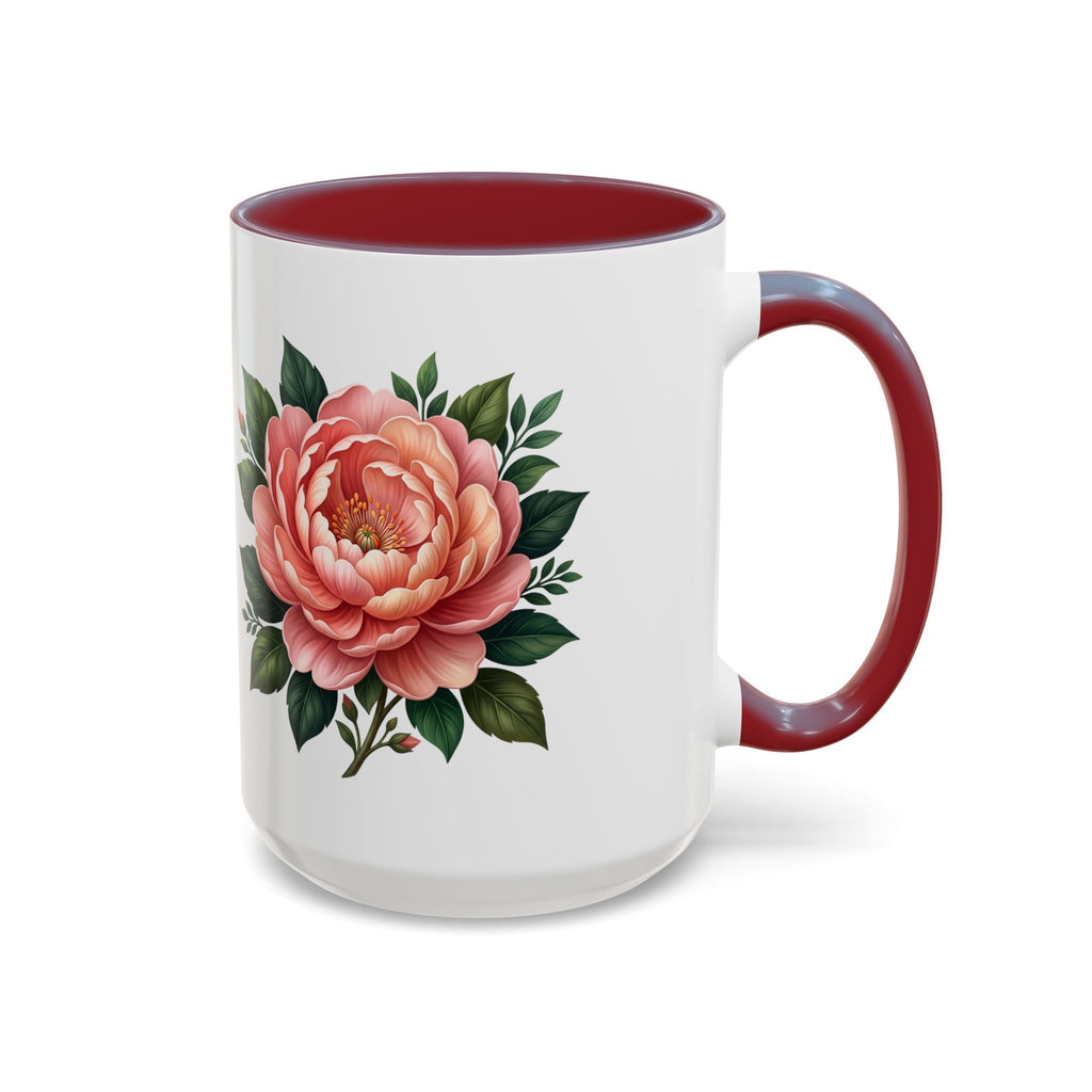 Floral Peony Accent Coffee Mug — Pink Rose Bloom Ceramic Cup