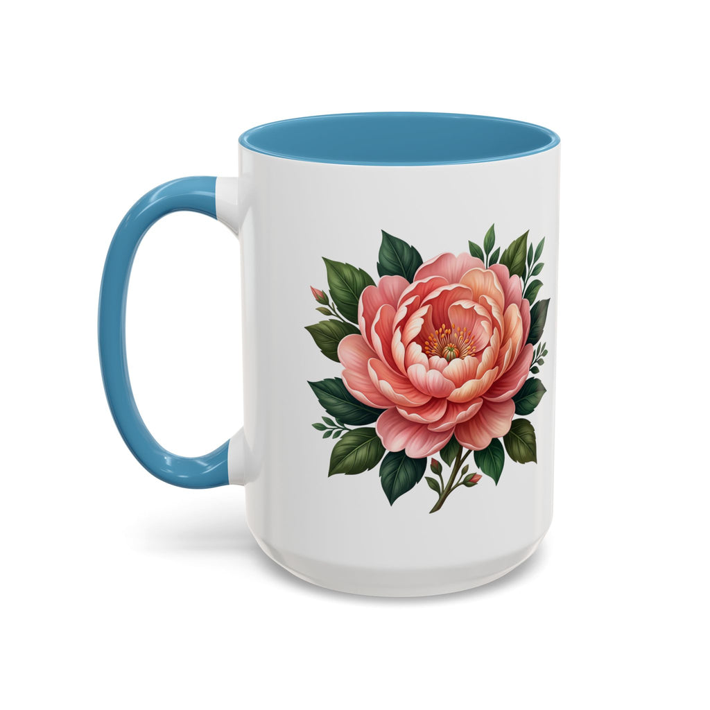 Floral Peony Accent Coffee Mug — Pink Rose Bloom Ceramic Cup