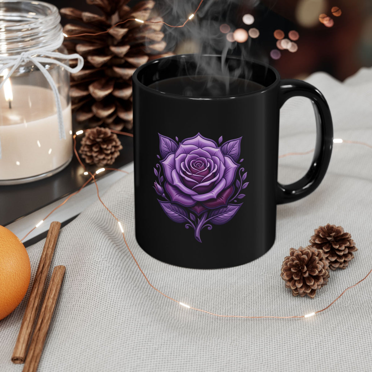 Purple Rose Black Mug — Gothic Floral Coffee Cup (11oz & 15oz)