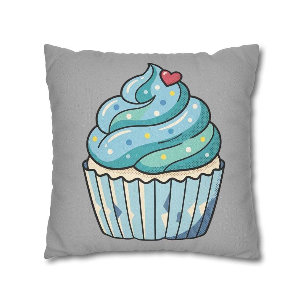 Cupcake Pillowcase — Cute Blue Dessert Decorative Throw Pillow- Light Grey