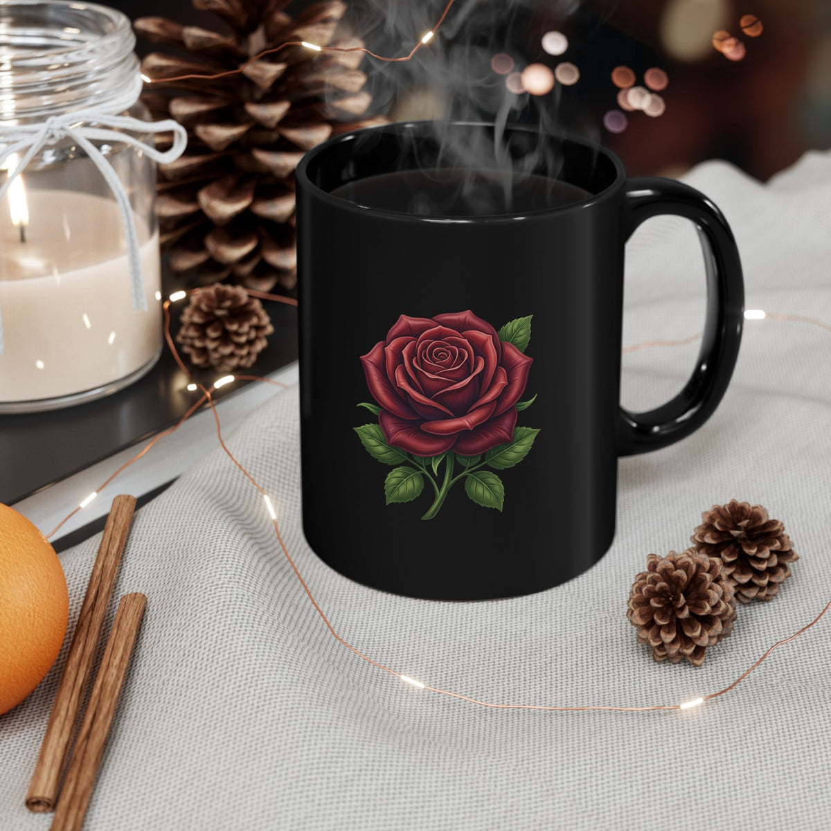 Black Rose Mug — Elegant Red Rose Ceramic Coffee Cup (11oz & 15oz)