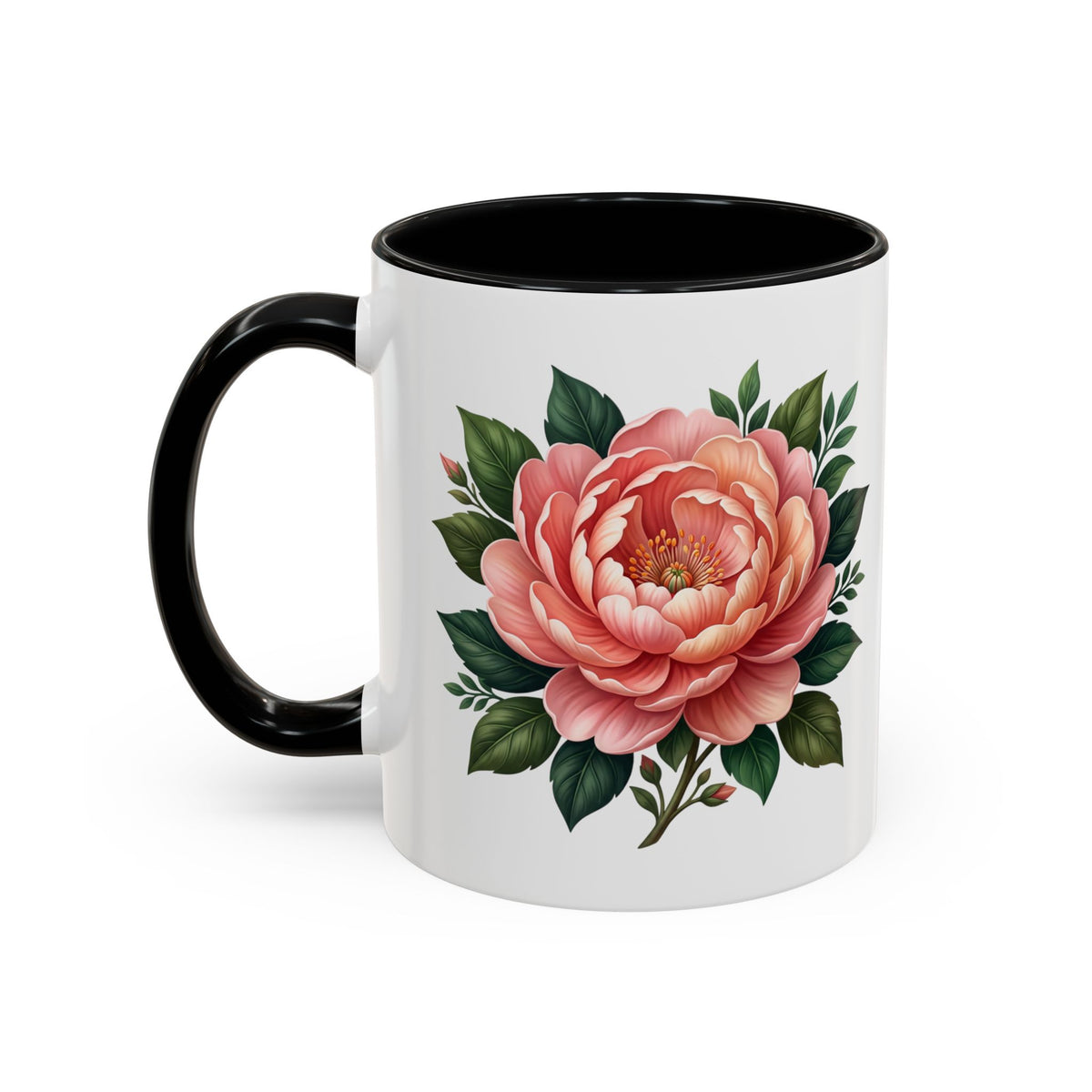 Floral Peony Accent Coffee Mug — Pink Rose Bloom Ceramic Cup