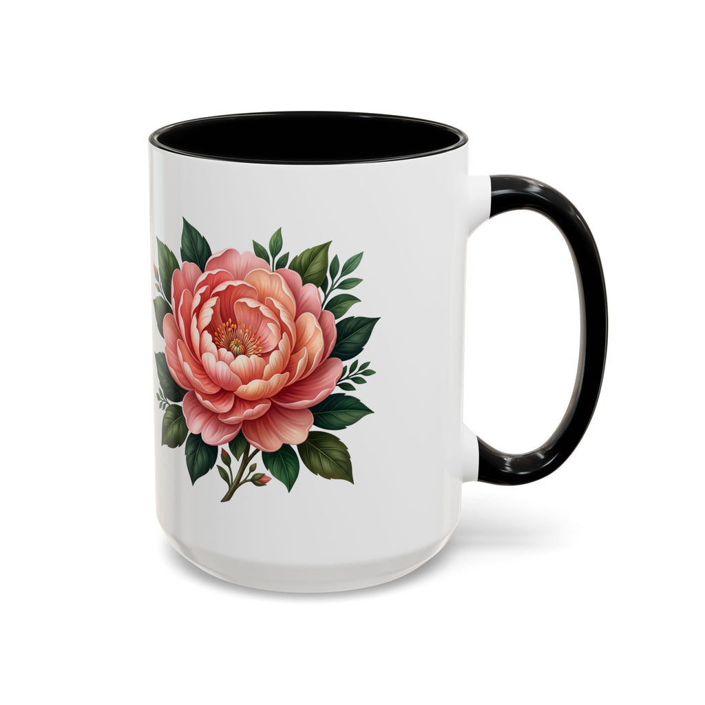 Floral Peony Accent Coffee Mug — Pink Rose Bloom Ceramic Cup