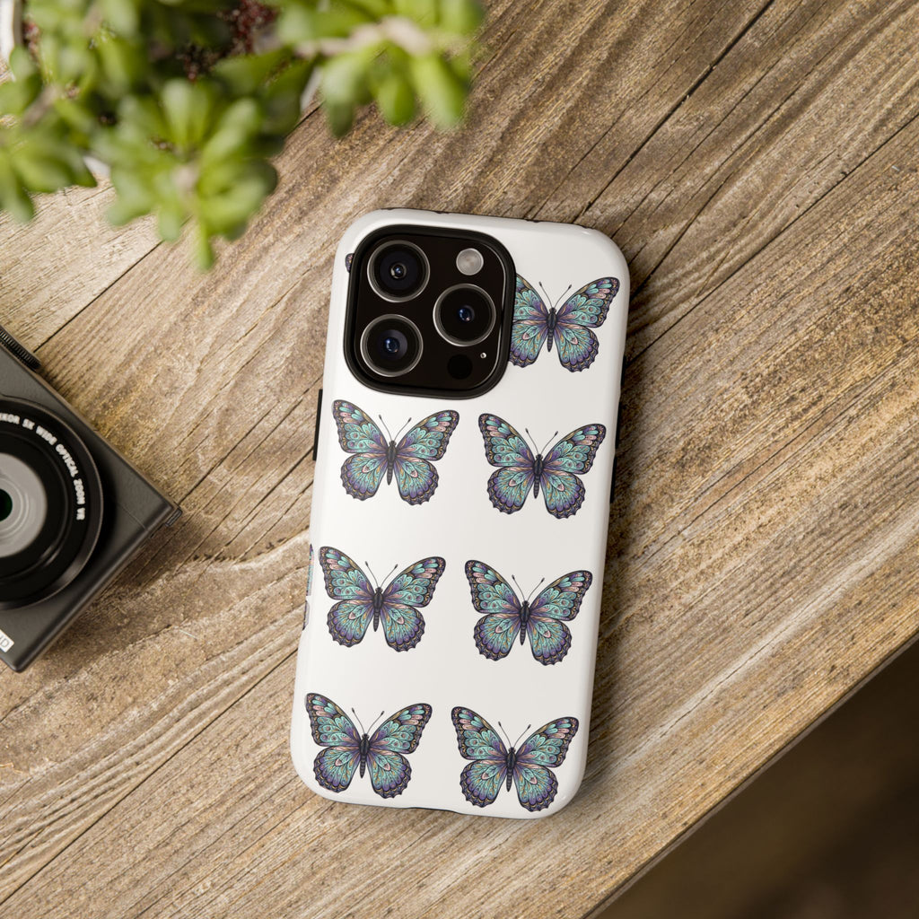 Butterfly Pattern Tough Phone Case — Vintage Teal Floral Protective Cover