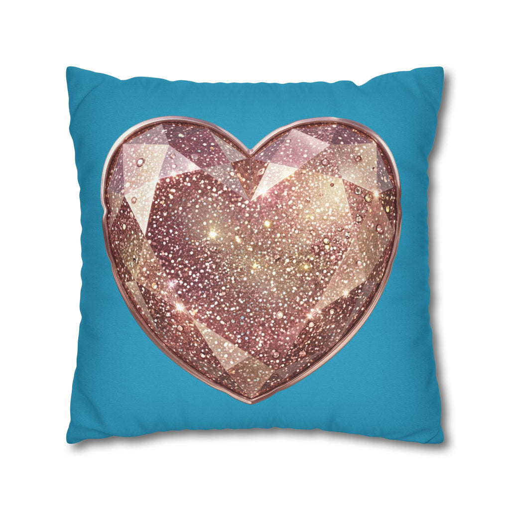 Sparkling Rose Crystal Heart Pillowcase — Decorative Square Throw Pillow Cover- Turquoise