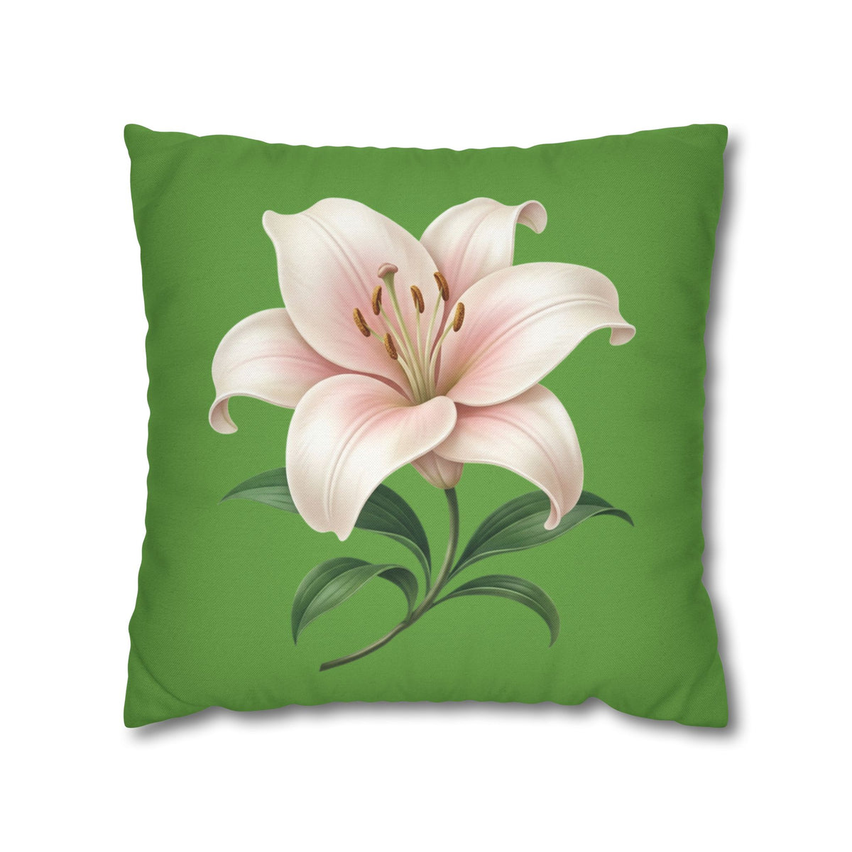 Pink Lily Floral Pillowcase — Green Square Decorative Pillow Cover