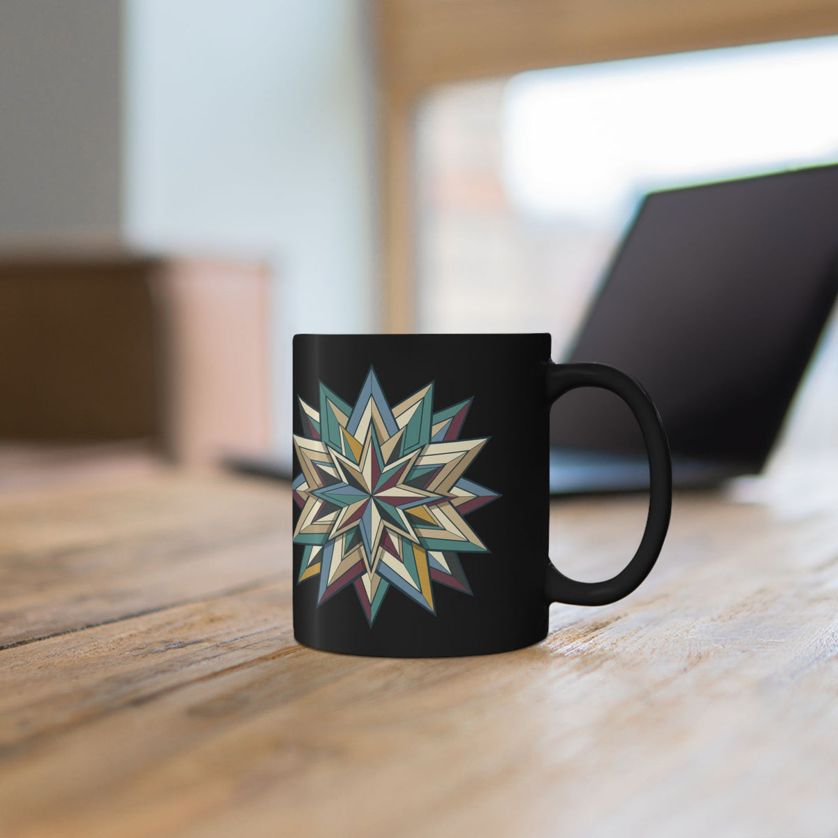 Geometric Starburst Black Ceramic Mug — 11oz & 15oz